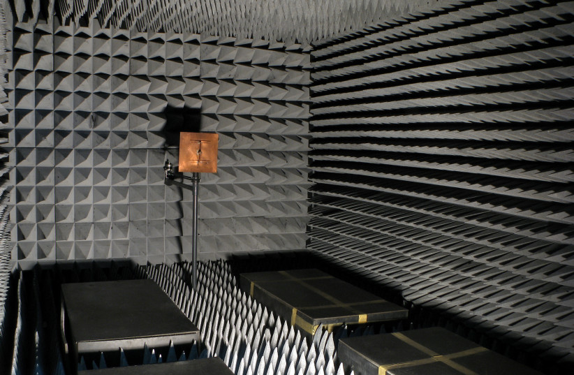  Radio frequency anechoic chamber, Antennas Research Group, Democritus University of Thrace, Greece. The interior surfaces are covered with pyramidal Radiation Absorbent Material (RAM) which are made of rubberized foam impregnated with mixtures of carbon and iron. (photo credit: Wikimedia Commons)