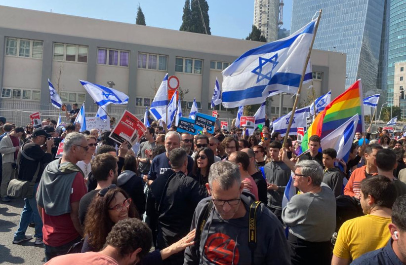  Protestors demonstrate against the judicial reform in Tel aviv, Monday, February 20. (photo credit: AVSHALOM SASSONI/MAARIV)