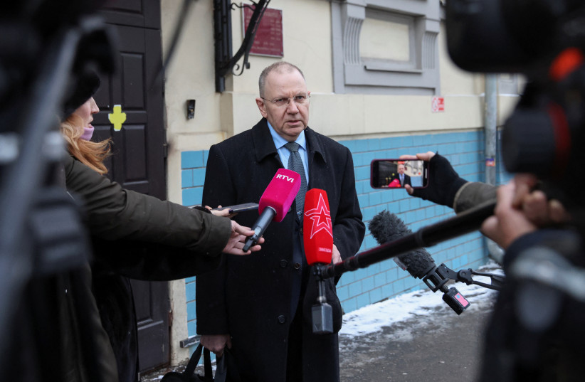  Andrei Grishayev, a lawyer of the Russian branch of the Jewish Agency for Israel, speaks with journalists after a hearing outside a court building in Moscow, Russia, February 20, 2023.  (photo credit: REUTERS/TATYANA MAKEYEVA)