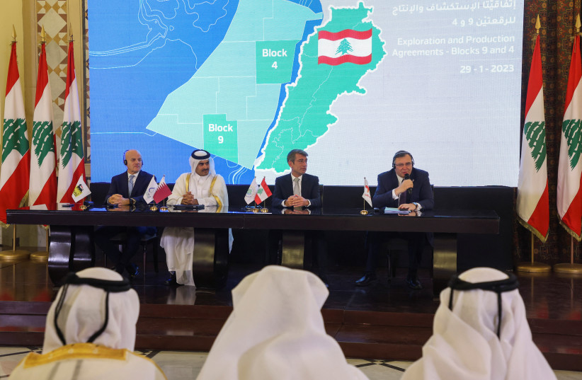  A signing ceremony as QatarEnergy joins TotalEnergies and Eni to explore oil and gas in two maritime blocks off the coast of Lebanon, in Beirut, Lebanon January 29, 2023. (photo credit: MOHAMED AZAKIR/REUTERS)