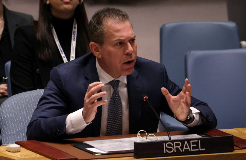  Israel’s Ambassador to the United Nations Gilad Erdan addresses the United Nations Security Council, February 20, 2023. (credit: REUTERS/MIKE SEGAR)