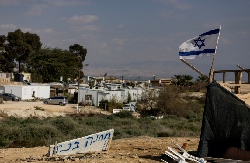  Mobile homes are seen in Beit Hogla, a settlement in the West Bank, February 15, 2023 (photo credit: REUTERS/Ronen Zvulun)