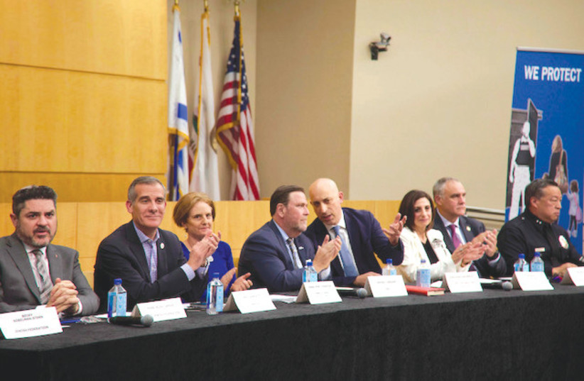  THE WRITER (far left) sits alongside former LA mayor Eric Garcetti, joined by other city leaders and ADL representatives, discussing antisemitism at a gathering convened by the Jewish Federation of Greater Los Angeles.  (photo credit: JD Dominguez)
