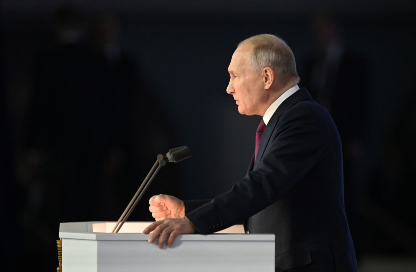  Russian President Vladimir Putin delivers his annual address to the Federal Assembly in Moscow, Russia February 21, 2023. (photo credit: Sputnik/Maxim Blinov/Kremlin via REUTERS)