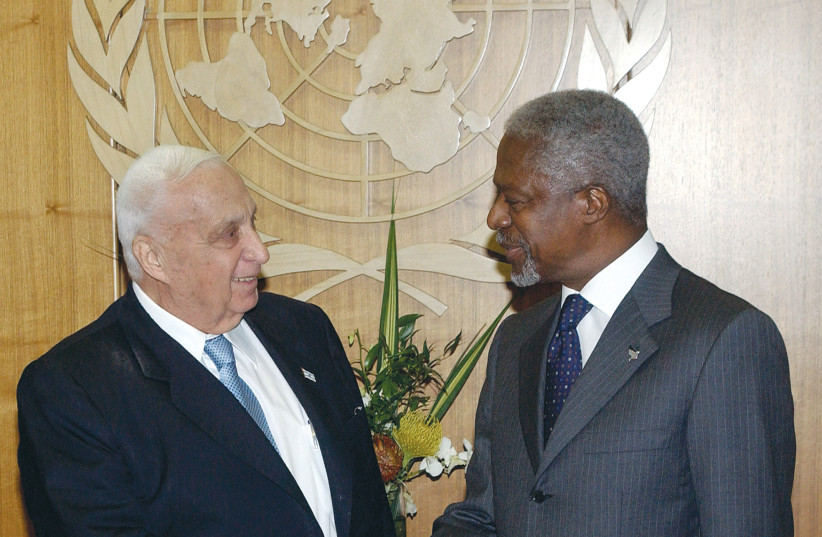  THEN-UN secretary-general Kofi Annan meets with then-prime minister Ariel Sharon at UN Headquarters, in September 2005. Sharon’s post-disengagement UN visit saw world leaders lining up to be photographed with him. (photo credit: REUTERS/Chip East)
