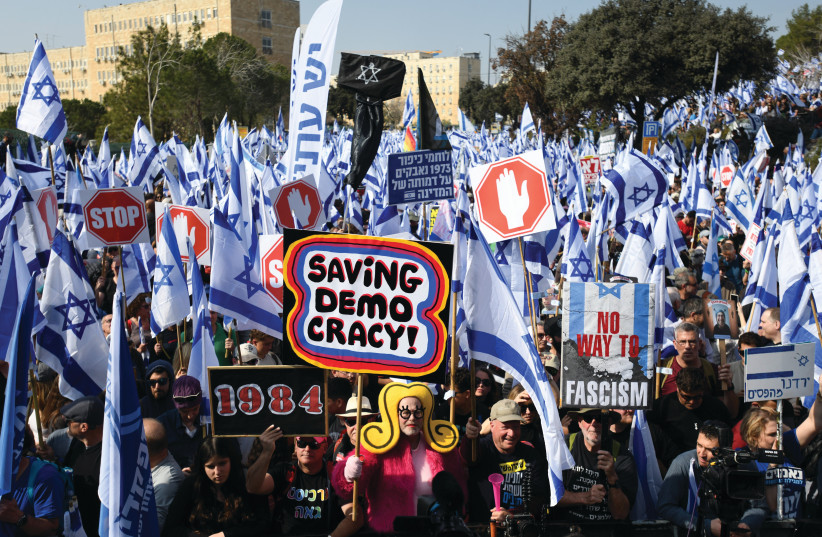 THOUSANDS OF protesters rally against the government’s proposed judicial overhaul outside the Knesset on Monday. (photo credit: GILI YAARI/FLASH90)
