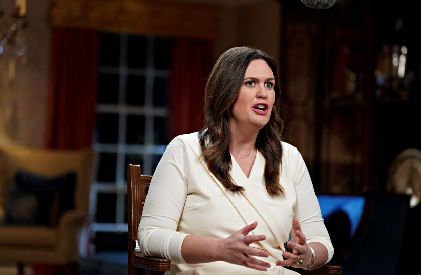 Sarah Huckabee Sanders, governor of Arkansas, speaks while delivering the Republican response to President Biden's State of the Union address in Little Rock, Arkansas, US, on Tuesday, Feb. 7, 2023. (photo credit: Al Drago/Pool via REUTERS)