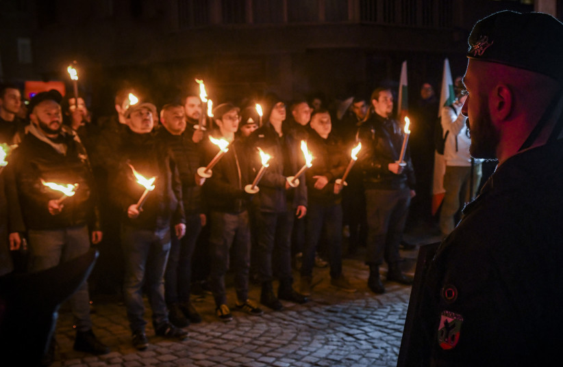  Far-right groups and nationalists carry torches and march to commemorate the Nazi-era Bulgarian General Hristo Lukov in Sofia, Bulgaria, Feb. 12, 2022.  (credit: Georgi Paleykov/NurPhoto via Getty Images)