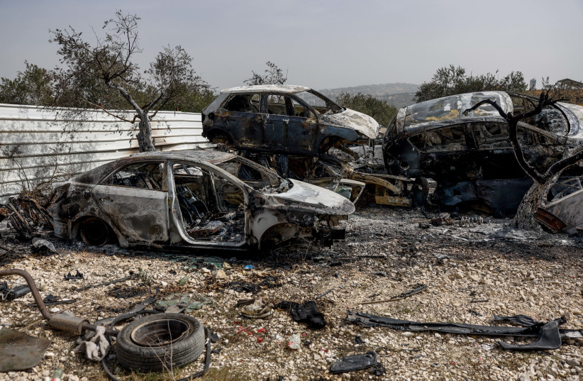 View of cars burned by Jewish settlers during riots last night in Huwara, in the West Bank, near Nablus, February 27, 2023.  (credit: ERIK MARMOR/FLASH90)
