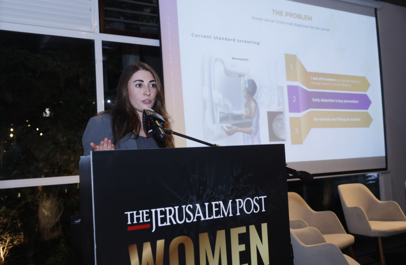Dr. Larissa Adamyan, co-founder and CTO of Haifa-based ThermoMind, speaking at Jerusalem Post Women Leaders Summit. (photo credit: MARC ISRAEL SELLEM)