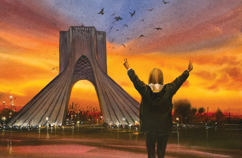  JAVID TABATABAI sets a bareheaded activist against the imposing Azadi – Freedom – Tower in Tehran.  (credit: Javid Tabatabai)