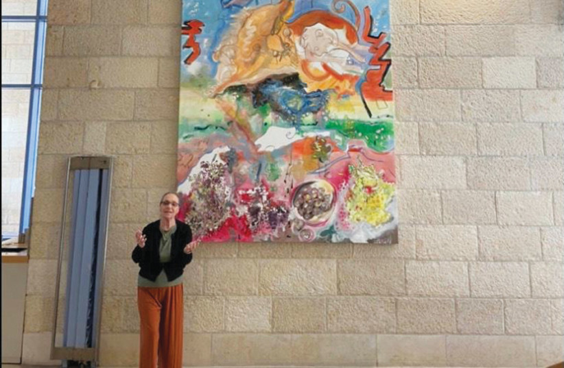  WITH ‘HADAR,’ a five-meter-high oil on canvas, now on display at the Jerusalem Municipality. (photo credit: Ellen Lapidus Stern)