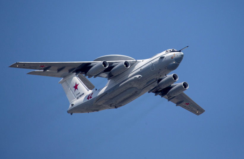   A Russian Beriev A-50 airborne early warning and control training aircraft flies over Red Square during a rehearsal for the Victory Day military parade in Moscow, Russia May 7, 2019. (photo credit: Alexander Zemlianichenko/Pool via REUTERS/File Photo)