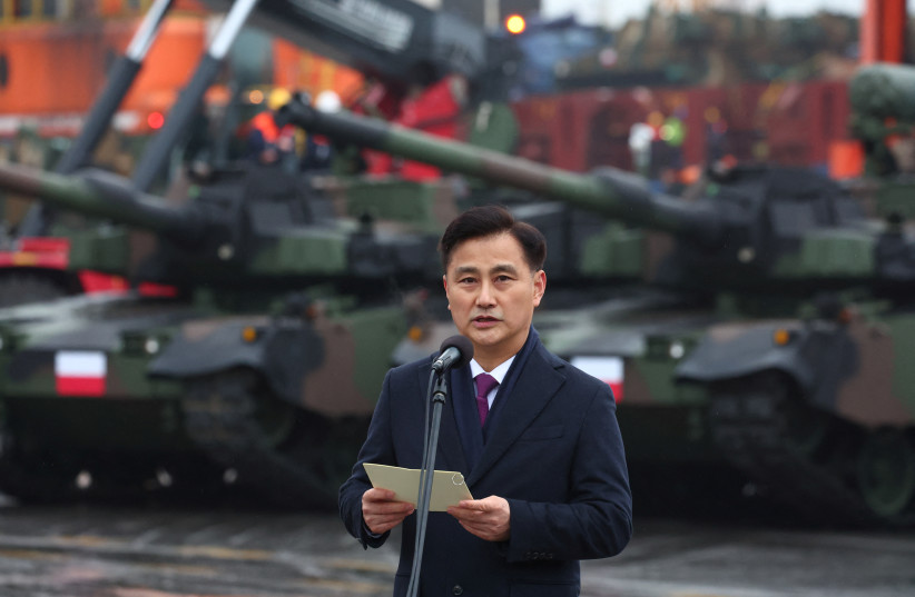  Eom Dong-hwan, South Korean minister of the Defense Acquisition Program Administration (DAPA), speaks as Poland receives the first delivery of South Korean K2 Black Panther tanks and K9 self-propelled howitzers at the port in Gdynia, Poland, December 6, 2022.  (credit: REUTERS/KACPER PEMPEL)