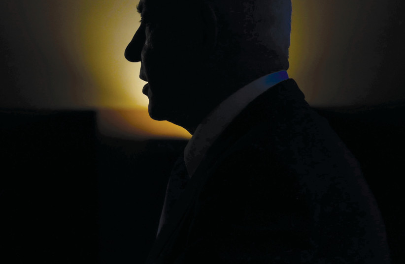  A silhouette of Prime Minister Benjamin Netanyahu before his address to the Conference of Presidents of Major American Jewish Organizations in Jerusalem on February 19. (photo credit: MARC ISRAEL SELLEM)