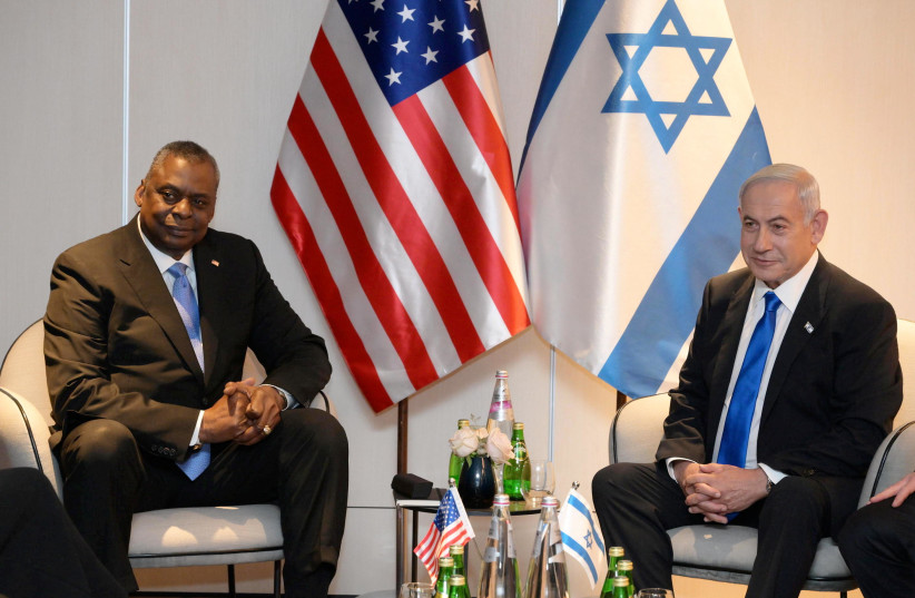  Prime Minister Benjamin Netanyahu is seen with US Defense Secretary Lloyd Austin at Ben-Gurion Airport, on March 9, 2023 (credit: PRIME MINISTER'S OFFICE)