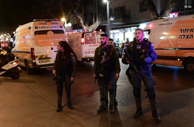  Security personnel at the scene of a shooting attack in Tel Aviv, March 9 2023. (credit: AVSHALOM SASSONI/MAARIV)