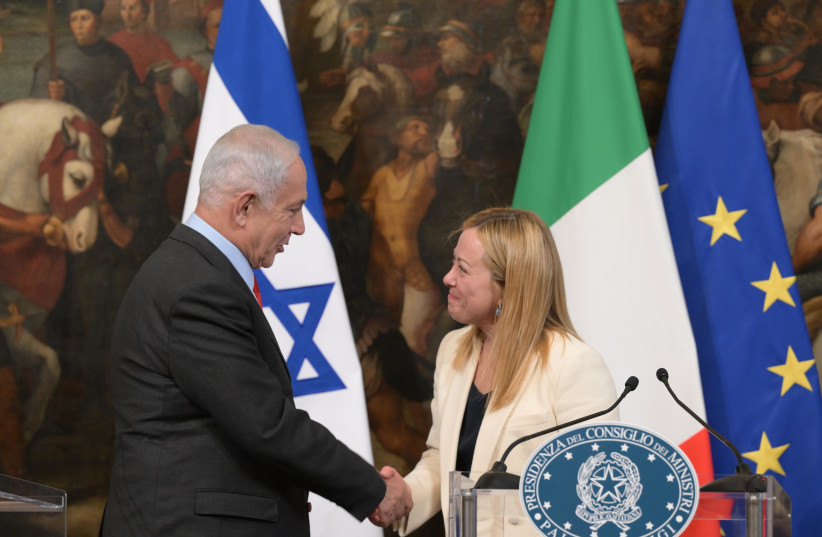  Prime Minister Benjamin Netanyahu and Italian Prime Minister Giorgia Meloni address the public with a joint statement, March 10, 2023. (photo credit: AMOS BEN-GERSHOM/GPO)