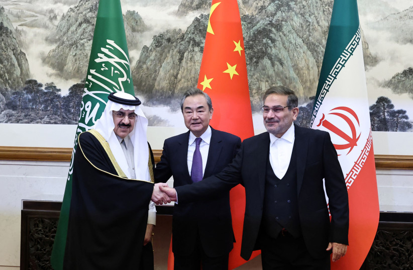 Wang Yi, a member of the Political Bureau of the Communist Party of China (CPC) Central Committee and director of the Office of the Central Foreign Affairs Commission, Ali Shamkhani, the secretary of Iran’s Supreme National Security Council, and Minister of State and national security adviser of Sau (credit: CHINA DAILY VIA REUTERS)