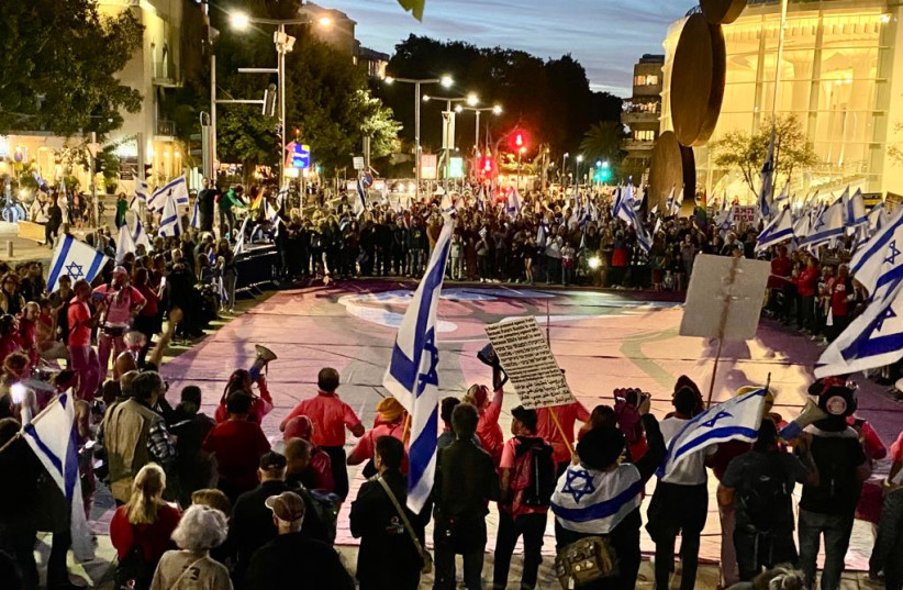  Protesters gather in Tel Aviv for the tenth consecutive week of anti-judicial reform protests, March 11, 2023. (photo credit: AVSHALOM SASSONI/MAARIV)