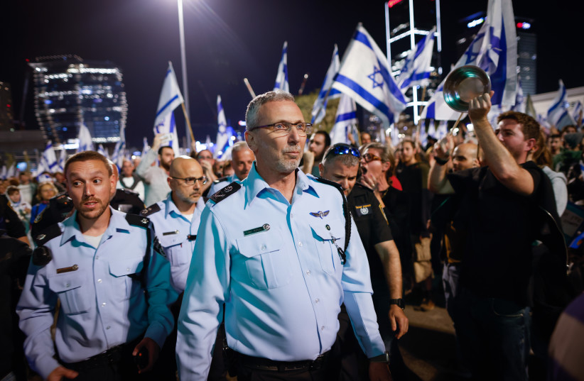  Tel Aviv District Commander of the Police, Amichai (Ami) Eshed, oversees a protest against the Israeli government's planned judicial overhaul in Tel Aviv on March 11, 2023.  (credit: ERIK MARMOR/FLASH90)
