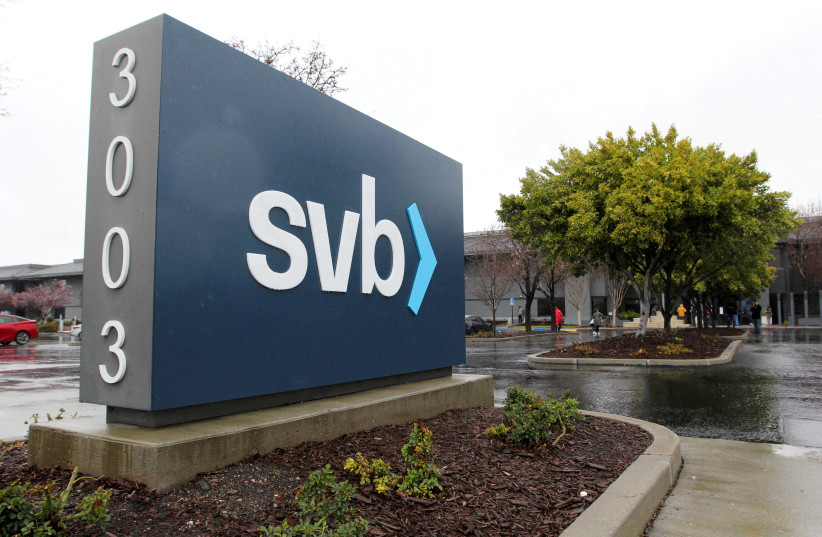  A sign for Silicon Valley Bank (SVB) headquarters is seen in Santa Clara, California, US March 10, 2023. (photo credit: REUTERS/NATHAN FRANDINO)