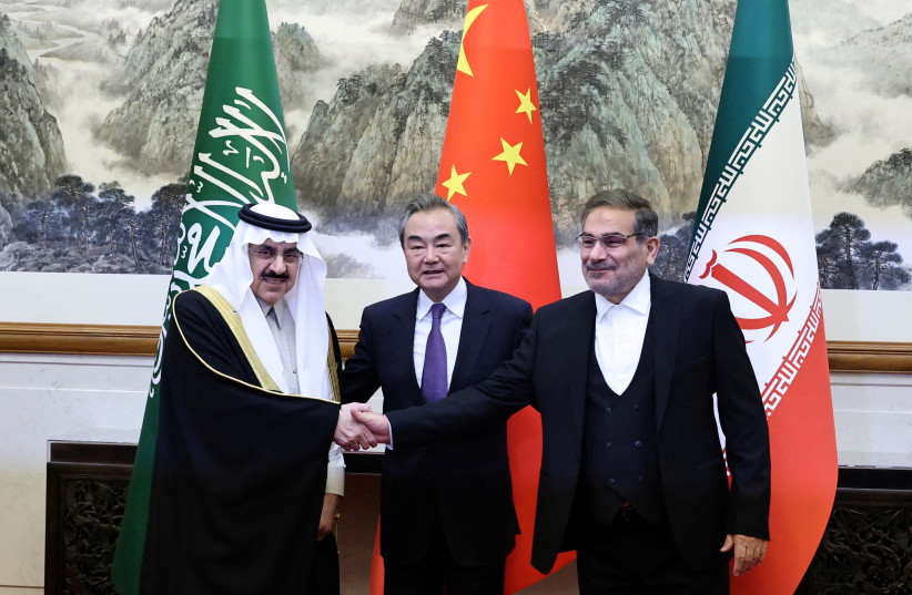  Wang Yi, a member of the Political Bureau of the Communist Party of China (CPC) Central Committee and director of the Office of the Central Foreign Affairs Commission, Ali Shamkhani, the secretary of Iran’s Supreme National Security Council, and Minister of State and national security adviser of Sa (credit: CHINA DAILY VIA REUTERS)