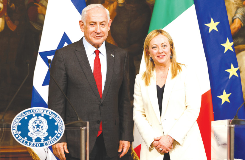  PRIME MINISTER Benjamin Netanyahu and his Italian counterpart Giorgia Meloni attend a news conference after their meeting in Rome on Friday. That night, Channel 12 did not have a single news item related to the visit. (photo credit: Guglielmo Mangiapane/Reuters)