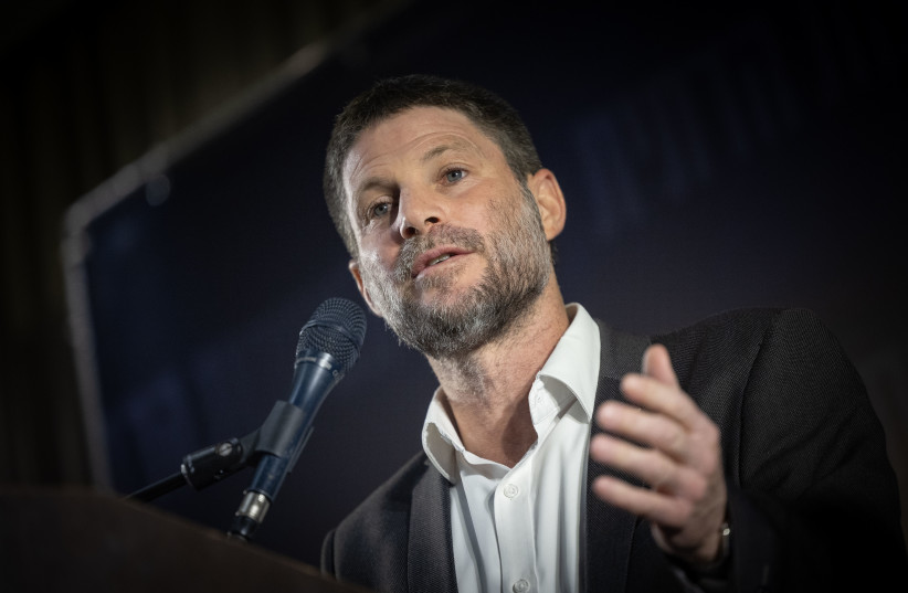  Finance Minister and Head of the Religious Zionist Party Bezalel Smotrich at a conference of the Religious Zionist Party, in Jerusalem, February 19, 2023.  (photo credit: YONATAN SINDEL/FLASH90)