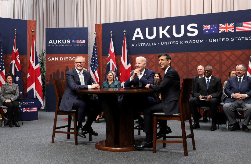  U.S. President Joe Biden, Australian Prime Minister Anthony Albanese and British Prime Minister Rishi Sunak gather for a trilateral meeting, at Naval Base Point Loma in San Diego, California U.S. March 13, 2023. (photo credit: Leah Mills/Reuters)