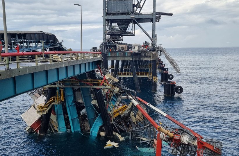   The site of the collapsed crane in Ashkelon, where two people are missing after strong winds caused it to collapse into the sea, March 14, 2023. (photo credit: ISRAEL ELECTRIC COMPANY)