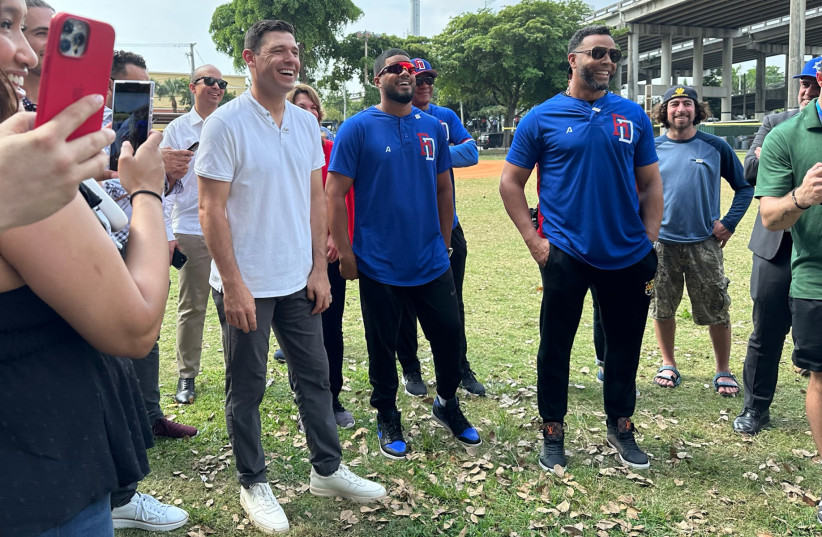  Israel manager Ian Kinsler and Dominican players Jeimer Candelario and Nelson Cruz answer questions from local teens. (credit: JACOB GURVIS/JTA)
