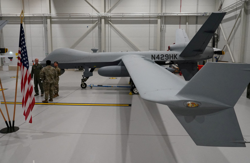 A US Air Force MQ-9 Reaper drone sits in a hanger at Amari Air Base, Estonia, July 1, 2020 (photo credit: REUTERS/JANIS LAIZANS)