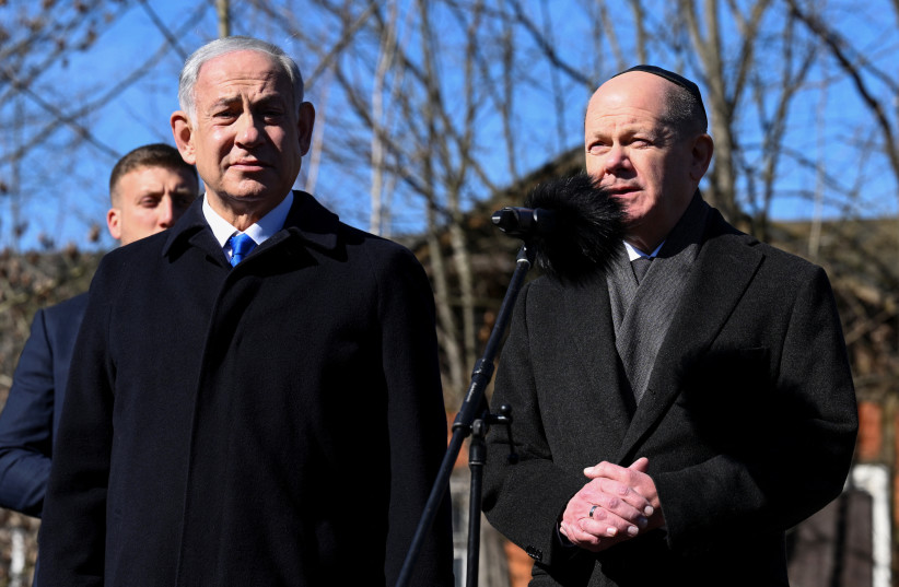  Israeli Prime Minister Benjamin Netanyahu and German Chancellor Olaf Scholz visit Platform 17 (Gleis 17), the memorial to those who were deported to the death camps by Deutsche Reichsbahn trains in 1941-1945, at Berlin-Grunewald train station in Berlin, Germany March 16, 2023 (credit: REUTERS/ANNEGRET HILSE)