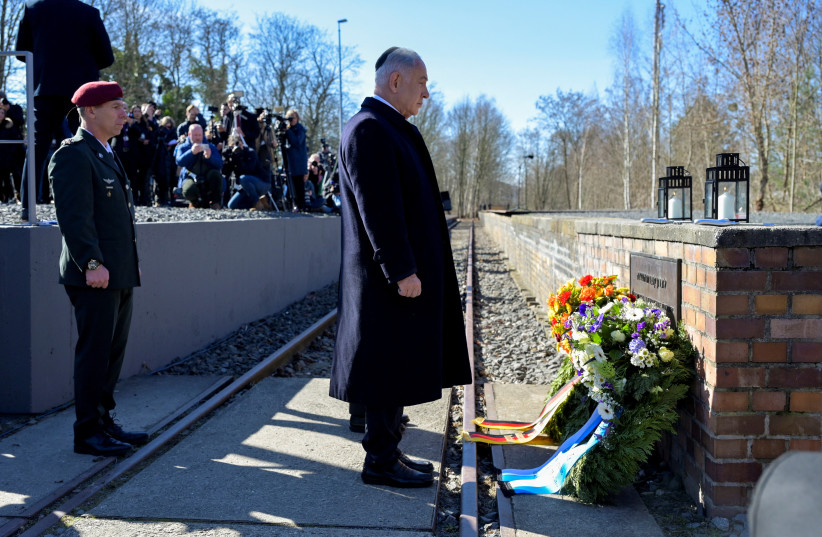  Israeli Prime Minister Benjamin Netanyahu visits Platform 17 (Gleis 17), the memorial to those who were deported to the death camps by Deutsche Reichsbahn trains in 1941-1945, at Berlin-Grunewald train station in Berlin, Germany March 16, 2023. (photo credit: REUTERS/MATTHIAS RIETSCHEL)