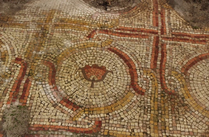 Close-up of the flower decorations on the mosaic. (photo credit: EMIL ALADJEM/IAA)