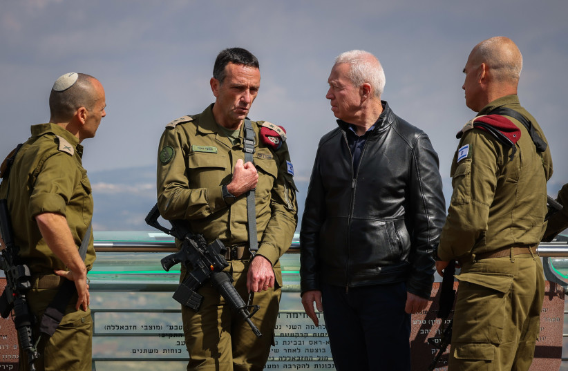 Minister of Defence Yoav Galant and  IDF Chief of Staff Herzi Halevi seen during a tour on near the border with Lebanon, northern Israel, March 16, 2023.  (credit: DAVID COHEN/FLASH 90)
