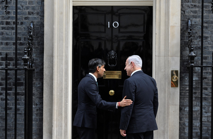  British Prime Minister Rishi Sunak welcomes Israeli Prime Minister Benjamin Netanyahu at Downing Street in London, Britain March 24, 2023. (credit: REUTERS/TOBY MELVILLE)