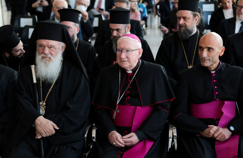  Greece's Orthodox Church, Ieronymos II and Bishop Brian Farrell, Secretary of the Pontifical Council for Promoting Christian Unity, attend a ceremony to mark the return of three Parthenon fragments from the Vatican, at the Parthenon Gallery of the Acropolis Museum, in Athens, Greece March 24, 2023. (credit: REUTERS/LOUIZA VRADI)