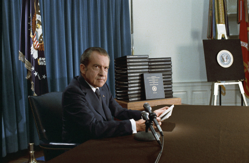President Richard Nixon announces the release of edited transcripts of the Watergate tapes, April 29, 1974 (credit: NATIONAL ARCHIVES & RECORDS ADMINISTRATION/PUBLIC DOMAIN/VIA WIKIMEDIA COMMONS)