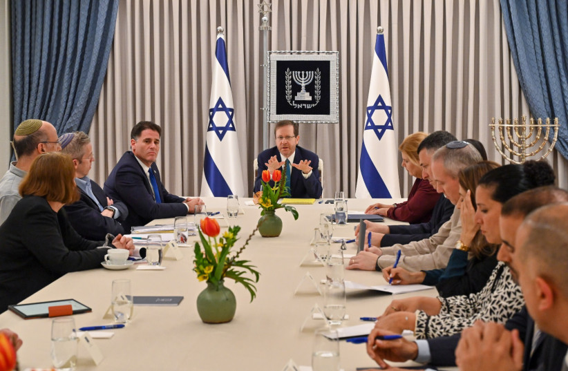  President Isaac Herzog leads the first round of judicial reform negotiations in the President's Residence in Jerusalem on March 28, 2023 (credit: KOBI GIDEON/GPO)