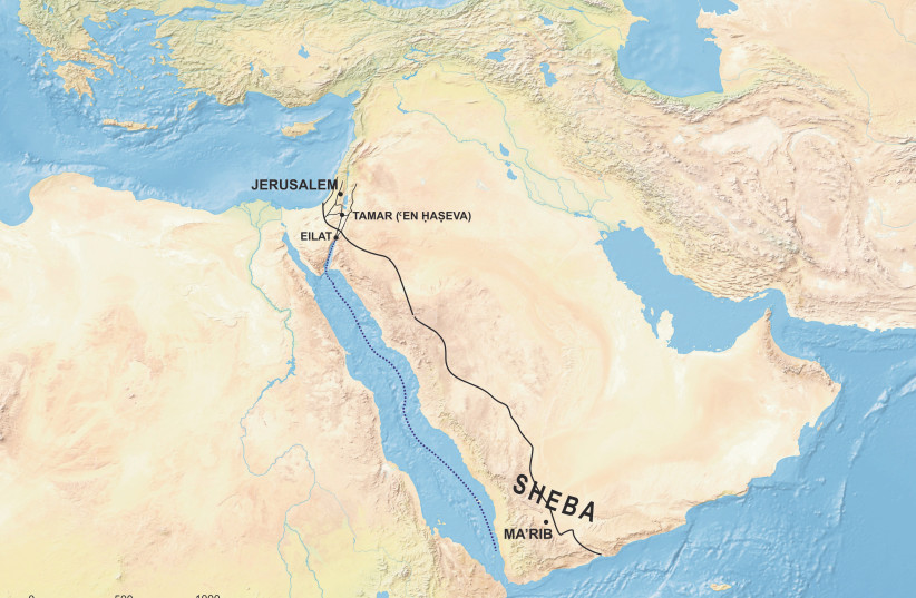  A map of the area from Solomon's Israel to Sheba. (credit: Dr. Daniel Vainstub)