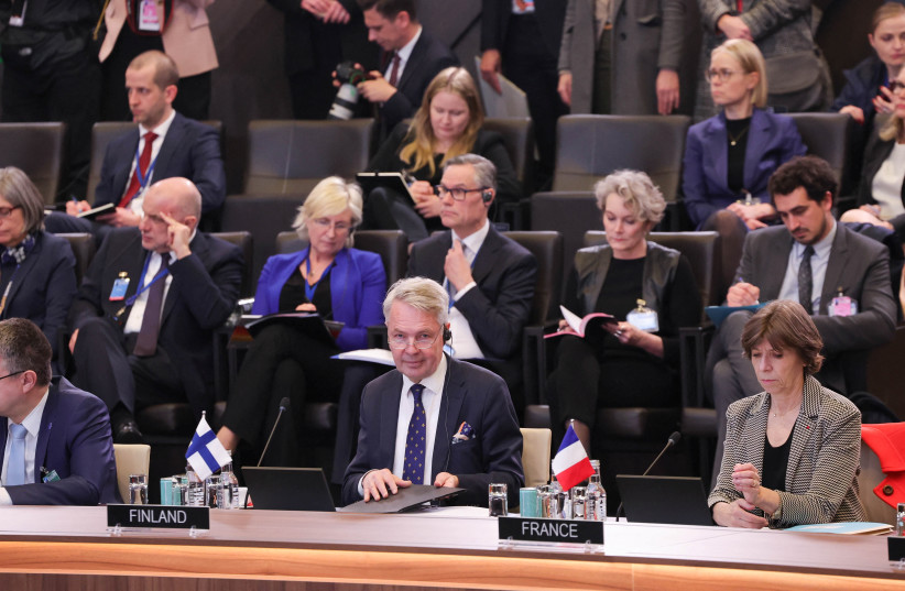 Finland Minister for Foreign Affairs Pekka Haavisto is seen during an Allies Support to Ukraine meeting, during NATO foreign ministers' meeting at NATO headquarters in Brussels, Belgium, 04 April 2023. Finland becomes the 31st member of the Alliance on 04 April. (credit: Olivier Matthys/Pool via REUTERS)