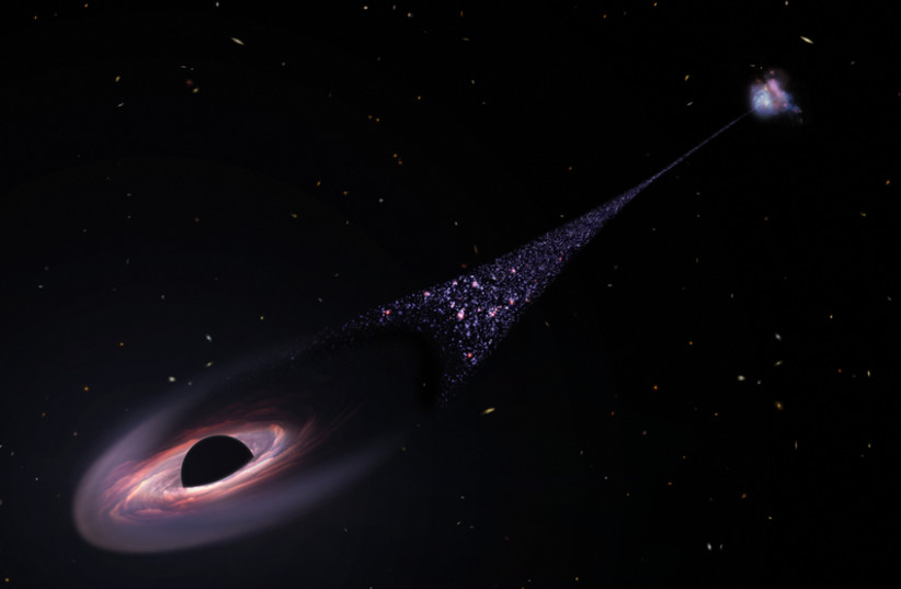  This is an artist's impression of a runaway supermassive black hole that was ejected from its host galaxy as a result of a tussle between it and two other black holes. As the black hole plows through intergalactic space it compresses gas and forms stars (Illustrative). (credit: NASA, ESA, Leah Hustak (STScI))