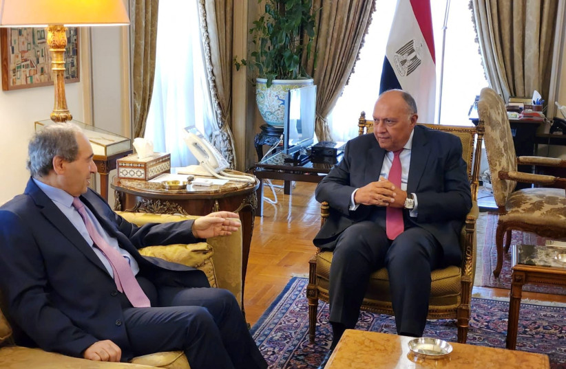  Egyptian Foreign Minister Sameh Shoukry meets with Syrian Foreign Minister Faisal Mekdad in Cairo, Egypt, April 1, 2023 in this handout picture courtesy of the Egyptian Foreign Ministry (credit: The Egyptian Foreign Ministry/Handout via REUTERS)
