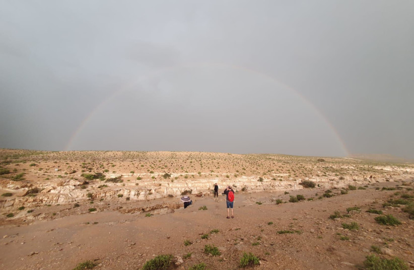  Rainbow over Nahal Tzin on Monday afternoon, April 10, 2023.  (credit: ADI SHATKAI/ISRAEL NATURE AND PARKS AUTHORITY)