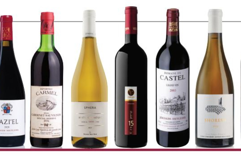  TELLING ISRAEL’S wine story (from L):  Razi’el; Carmel Special Reserve; Sphera Signature; Vitkin Carignan; Castel Grand Vin; Shoresh Blanc; Margalit Cabernet Sauvignon.  (credit: Wineries mentioned)