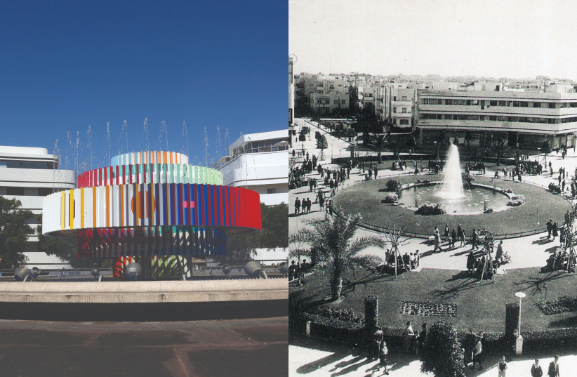  DIZENGOFF SQUARE post-restoration of its iconic ‘Fire and Ice’ fountain, 2012; in the 1940s.  (credit: Wikimedia Commons)
