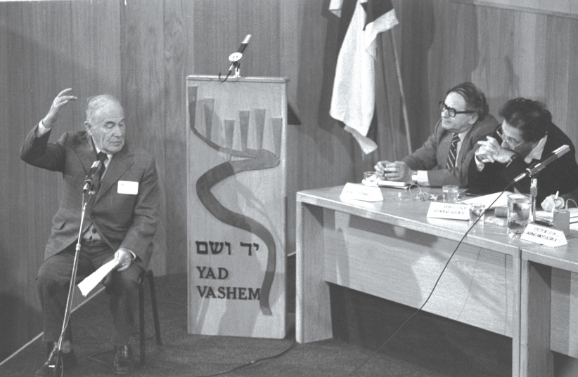  EHUDA BAUER (right) at the Mengele twins trial at Yad Vashem in Jerusalem in 1985.  (credit: Herard Reogorodetzki/GPO)