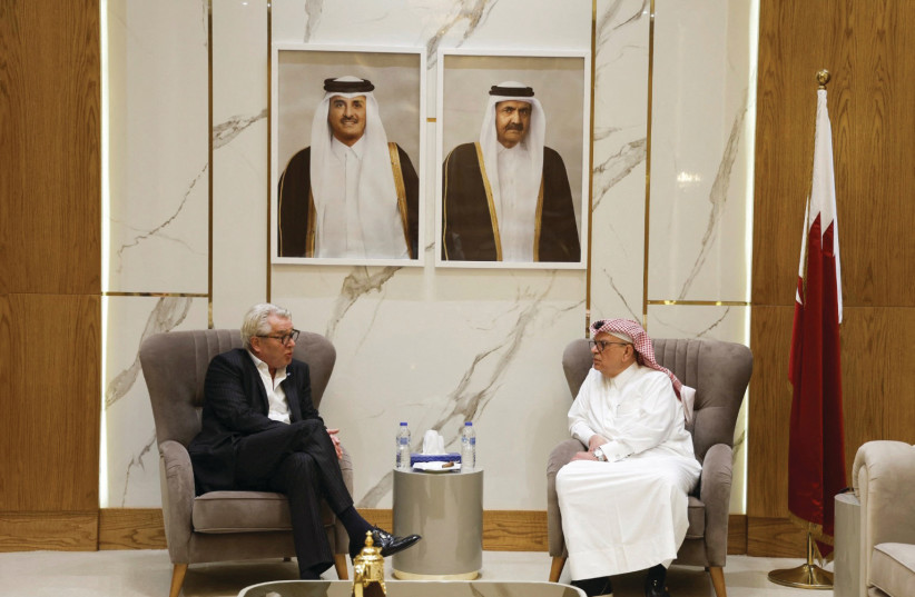  UN ENVOY Tor Wennesland meets Qatari envoy Mohammed Al-Emadi in Gaza City, earlier this year.  (photo credit: MOHAMMED SALEM/REUTERS)